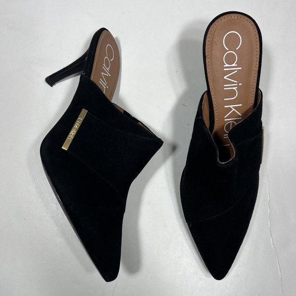 Calvin Klein Shoes - Calvin Klein Grecia Black Suede Pointed Toe Mule Heels Size 10 Gold Accent